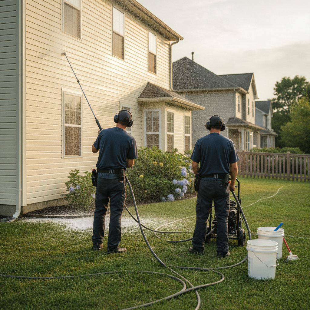 Create a realistic, professional service-business photograph showing House Soft Washing from behind, with the backs of their heads visible. Do not show any faces, facial features, front-facing views or side views, profiles, or identifiable