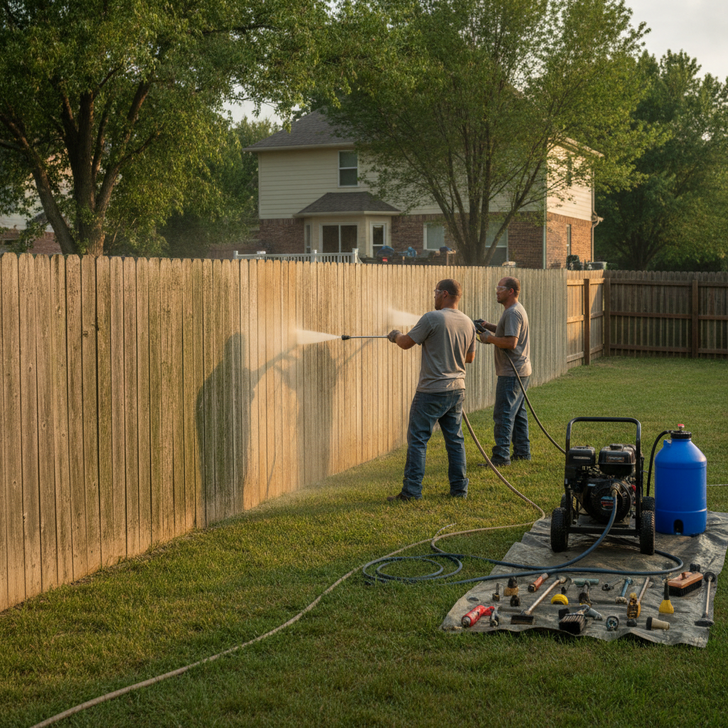 Create a realistic, professional service-business photograph showing Fence Pressure Washing from behind, with the backs of their heads visible. Do not show any faces, facial features, front-facing views or side views, profiles, or identifia
