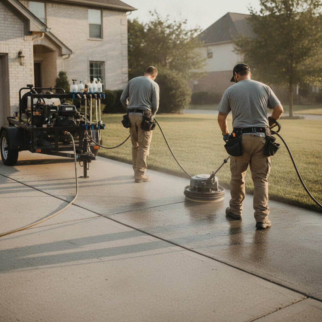 Create a realistic, professional service-business photograph showing Driveway Pressure Washing from behind, with the backs of their heads visible. Do not show any faces, facial features, front-facing views or side views, profiles, or ident